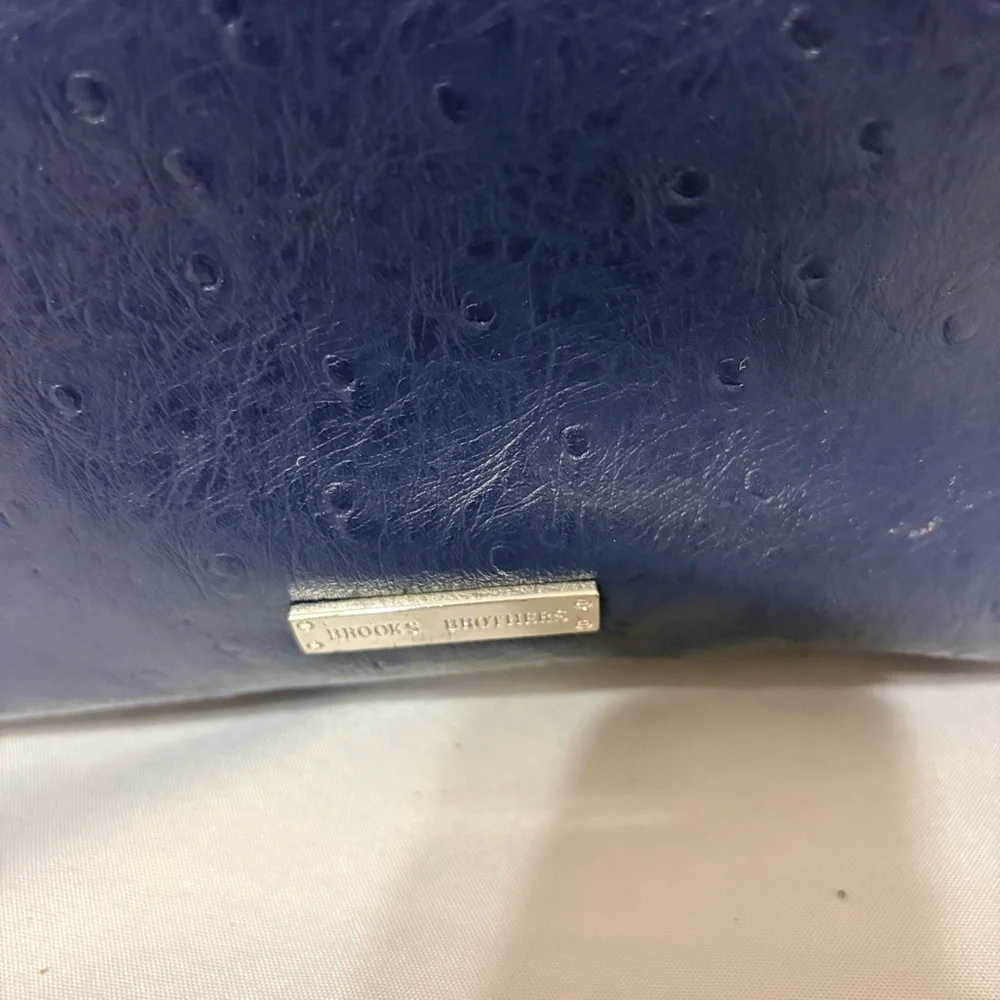 Brooks Brothers navy blue barrel bag satchel made of embossed pebbled leather